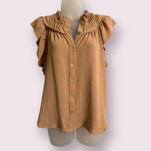 Blue Sol Tan Ruffle Sleeve Button Front Blouse Size S